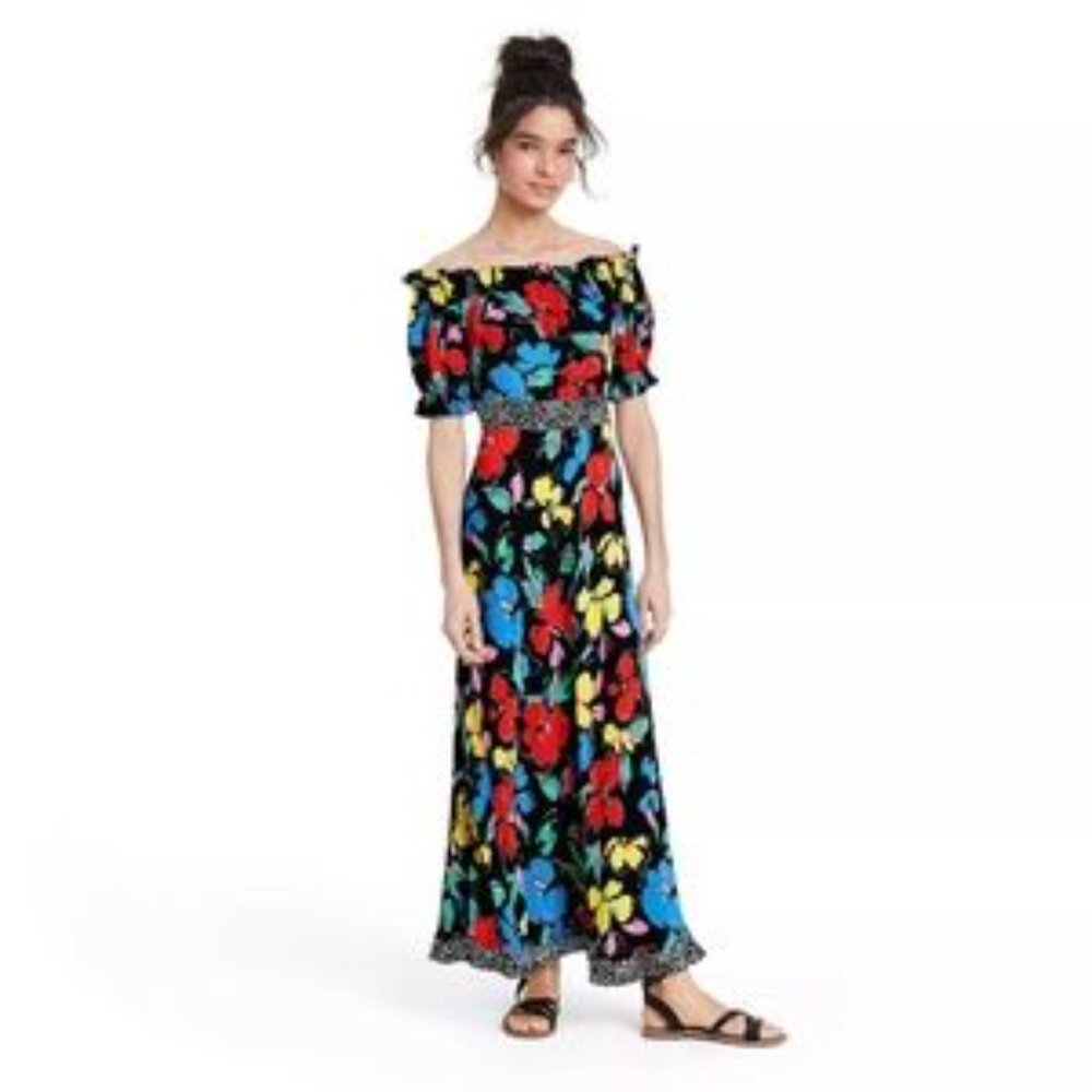 Rixo Black Floral Off Shoulder Women's Maxi Dress Size 8